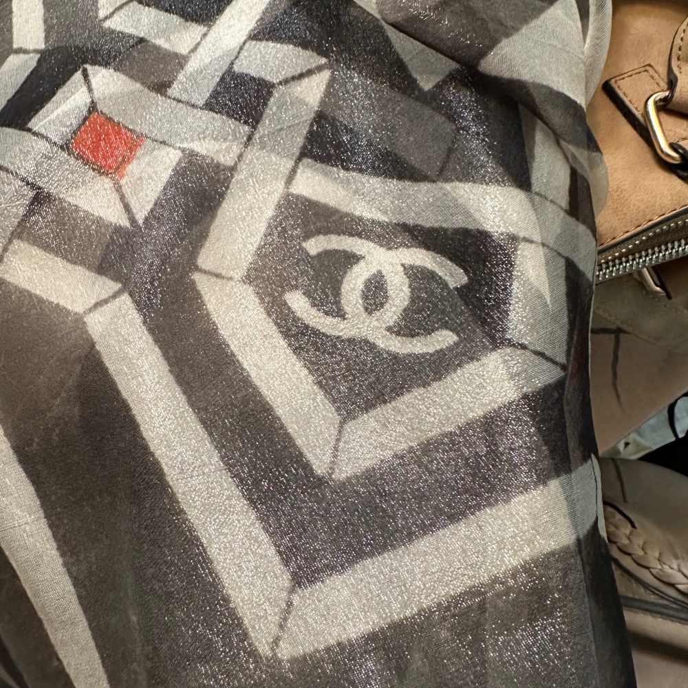 CHANEL Metallic Black & Cream Print Sheer Silk Scarf in Chanel Gift Box